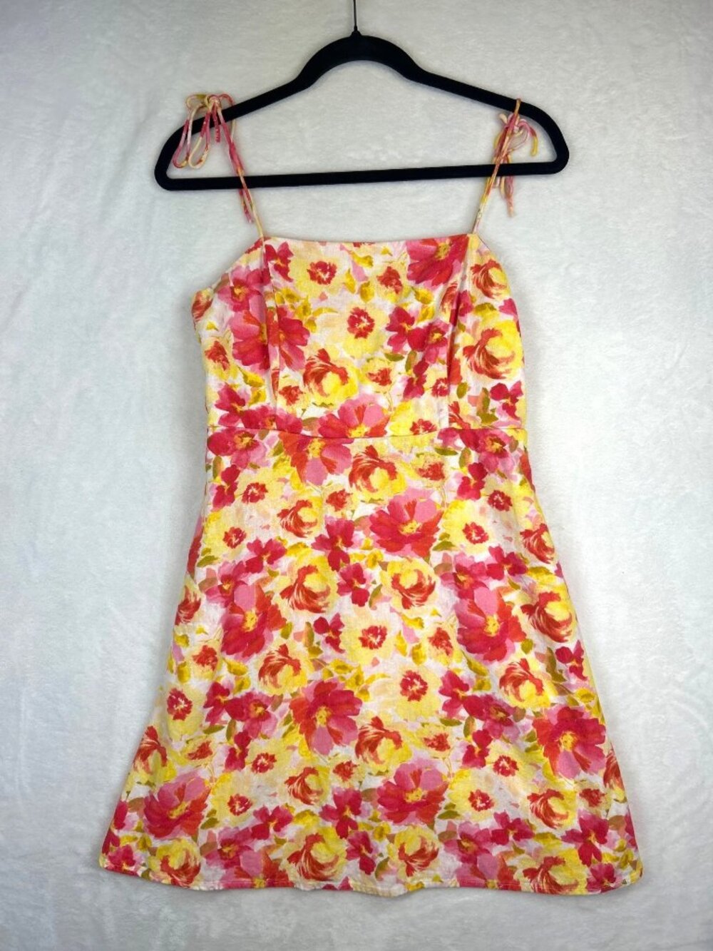 Old Navy Women's M Linen Sundress Yellow Pink Floral Adjustable Straps Summer